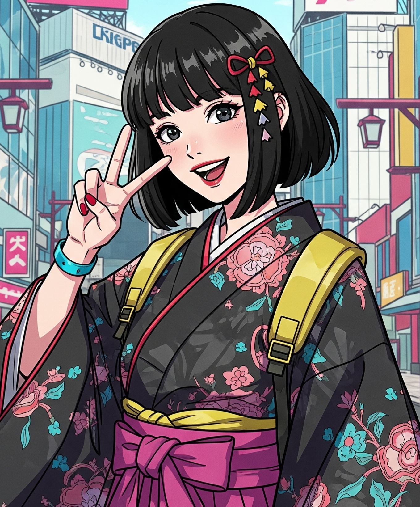 ピースのイラスト おしゃれな着物姿